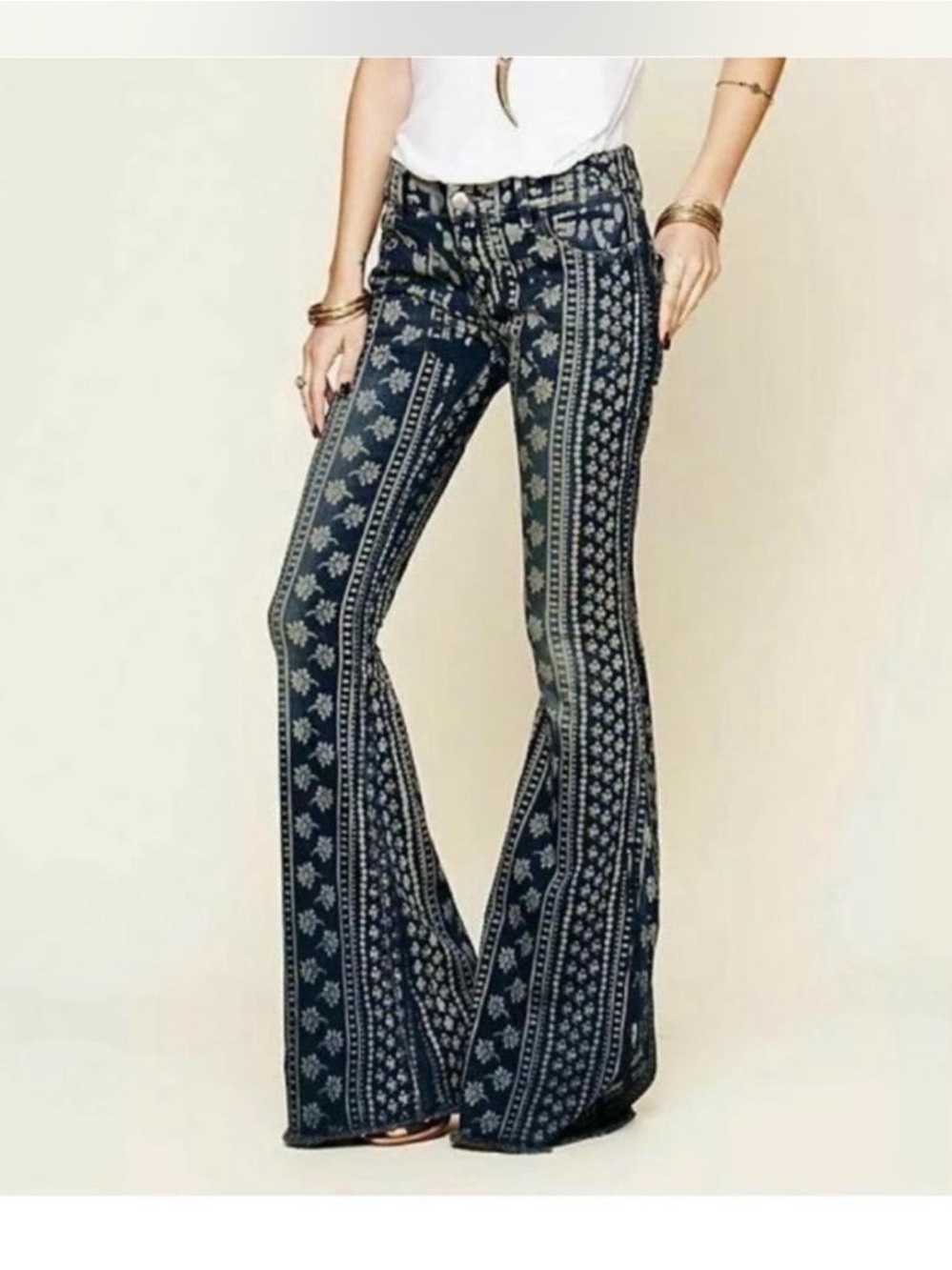 Free People Striped Bali Flares Jeans Size 28 Mid Rise Frayed Hem